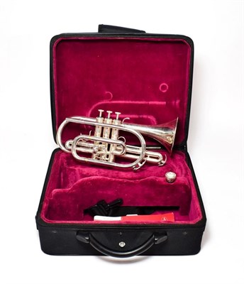Lot 2038 - Cornet Besson 1000 no.33209, silver plated with Besson 7C mouthpiece, in manufacturers hardcase