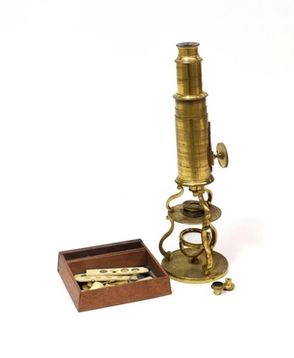 Lot 2101 - Brass Culpeper Type Microscope with 6'' barrel, concave mirror and a few prepared slides in...