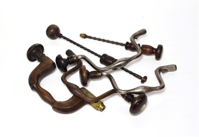 Lot 2123 - Woodworking Drills including rosewood brace with brass fittings, three steel braces and two...