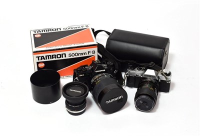 Lot 2138 - Olympus OM2 Spot/Program Camera with Tamron f8 500mm mirror lens; OM20 with Vivitar f3.5-4.8...