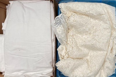 Lot 2217 - Assorted linen, textiles, bed covers, curtains etc (9 boxes)