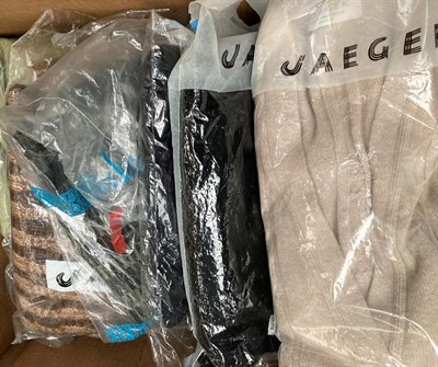 Lot 2222 - Quantity of assorted Jaeger jumpers, cardigans mainly in wools, handbags etc (seven boxes)