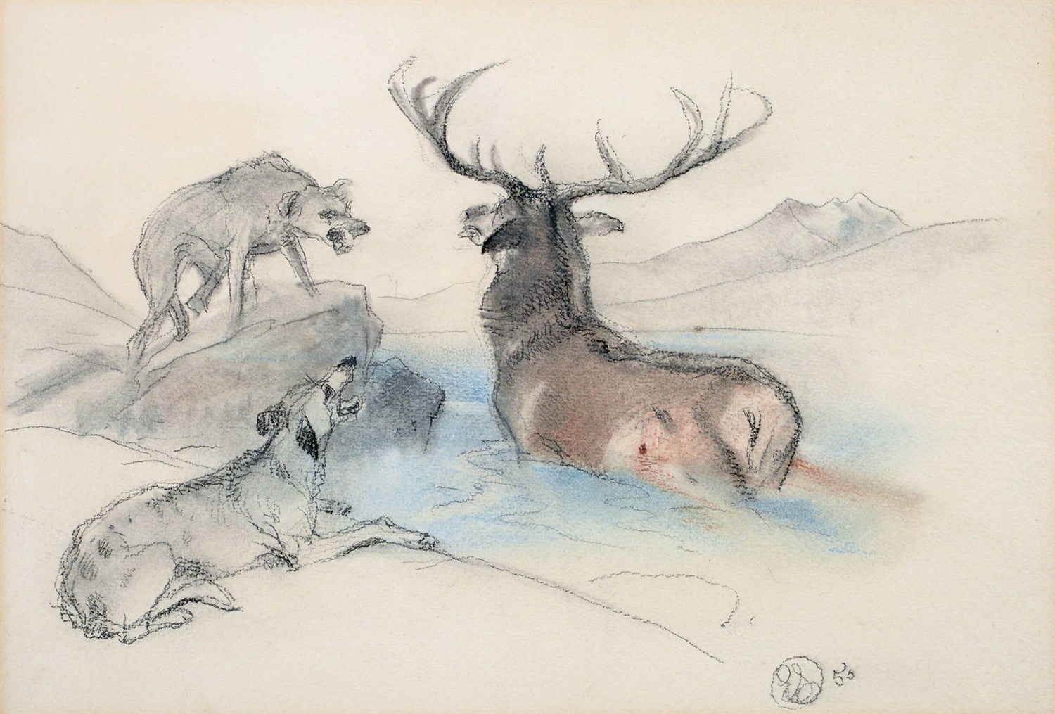 Lot 1021 - Sir Edwin Henry Landseer RA (1802-1873) A stag at bay Monogrammed and dated (18)50, pencil and...