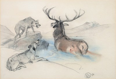 Lot 1021 - Sir Edwin Henry Landseer RA (1802-1873) A stag at bay Monogrammed and dated (18)50, pencil and...