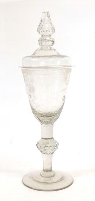 Lot 15 - A Continental Glass Goblet and Cover, 2nd half 18th century, with minaret finial, the ovoid...