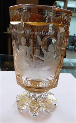 Lot 17 - A Bohemian Glass Goblet, 19th century, engraved with a lady and attendant and with inscription on a
