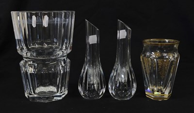 Lot 22 - A Baccarat Glass Beaker Vase, 20th century, of panelled baluster form, gilt with anthemion and...