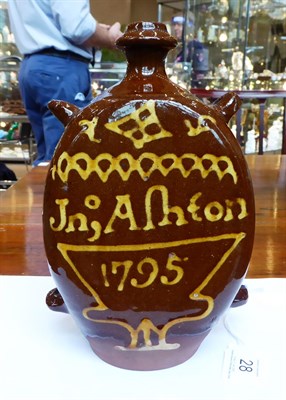 Lot 28 - A Slipware Flask, dated 1795, of flattened ovoid form with four loop handles, inscribed Jno, Ashton