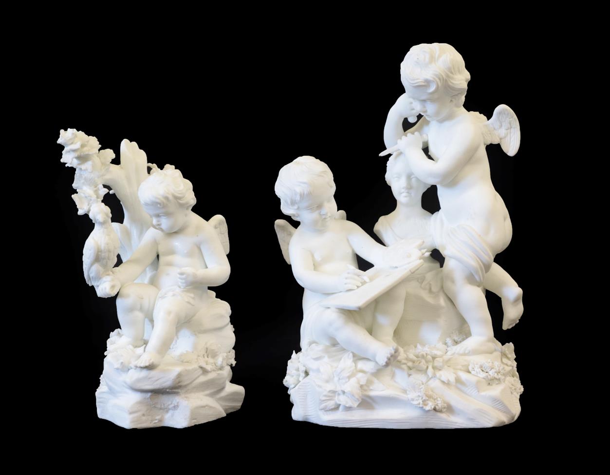 Lot 36 - A Derby Bisque Porcelain Figure Group Representing The Arts, circa 1780, modelled as two putti, one