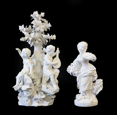 Lot 37 - A Derby Bisque Porcelain Figure Group, circa 1780, as three putti about a tree, one with a...