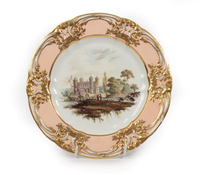 Lot 39 - A Derby Porcelain Plate, circa 1810, painted with figures beside a river, a bridge and country...