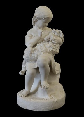 Lot 60 - A Copeland Parian Figure Group, late 19th century, as a young girl holding a dog, on a mound...