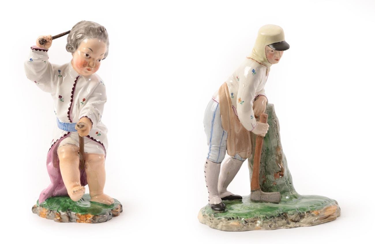 Lot 77 - A Höchst Damm Earthenware Group of a Woodsman, mid 19th century, after the model by J P...