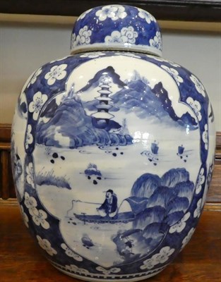 Lot 94 - A Chinese Porcelain Jar and Cover, 19th century, of ovoid form, painted in underglaze blue with...