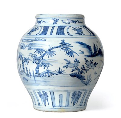 Lot 97 - A Chinese Porcelain Ovoid Jar, Wanli period, painted in underglaze blue with deer in landscape...