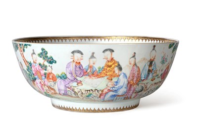 Lot 100 - A Chinese Porcelain Punch Bowl, Qianlong, painted in famille rose enamels with figures at...