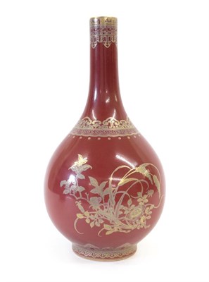 Lot 107 - A Chinese Porcelain Bottle Vase, Qianlong reign mark but not of the period, gilt with stylised...