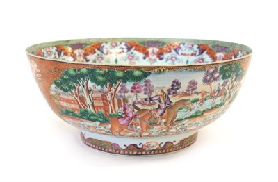 Lot 108 - A Chinese Porcelain ''Hunting Subject'' Punch Bowl, Qianlong, painted in famille rose enamels...