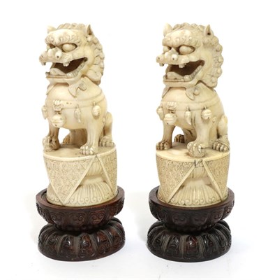 Lot 116 - A Pair of Chinese Carved Ivory Dogs of Fo, 19th century, of traditional form, sitting on oval...