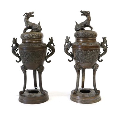 Lot 118 - A Pair of Chinese Bronze Censers and Covers, late 19th century, of ovoid form with kylin knops...