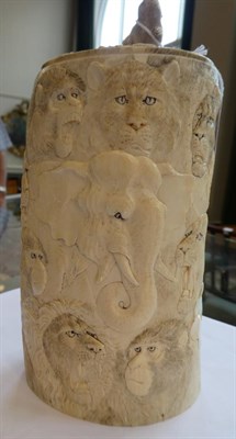 Lot 131 - A Japanese Ivory Tusk Vase and Cover, Meiji period, with monkey finial, carved allover in low...