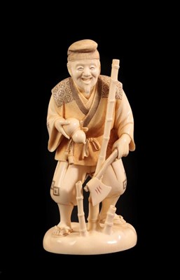Lot 138 - A Japanese Ivory Okimono as a Woodsman, Meiji period, standing holding a gourd and an axe,...