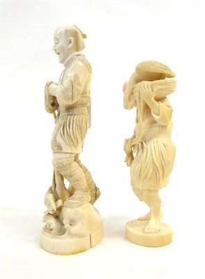 Lot 142 - A Japanese Ivory Okimono as a Fisherman, Meiji period, standing with his cormorant on a rope, on an