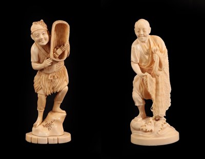 Lot 143 - A Japanese Ivory Okimono as a Fisherman, Meiji period, standing holding a net on a wave carved oval