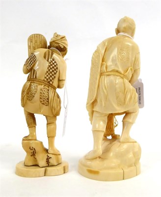 Lot 143 - A Japanese Ivory Okimono as a Fisherman, Meiji period, standing holding a net on a wave carved oval