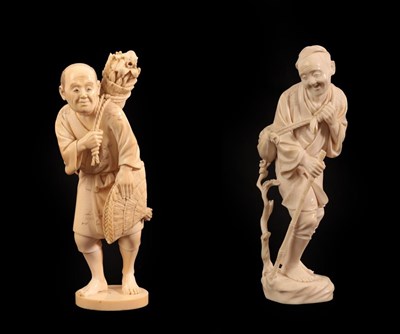 Lot 146 - A Japanese Ivory Figure of a Woodsman, Meiji period, holding a basket of sticks on his back, a...