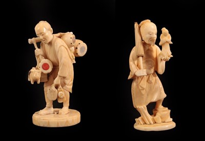 Lot 149 - A Japanese Ivory and Shibayama Okimono as a Drum Seller, Meiji period, standing with his...