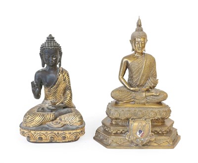 Lot 157 - A Bronze Figure of Buddha, late 19th/20th century, seated on a stepped lotus throne with...
