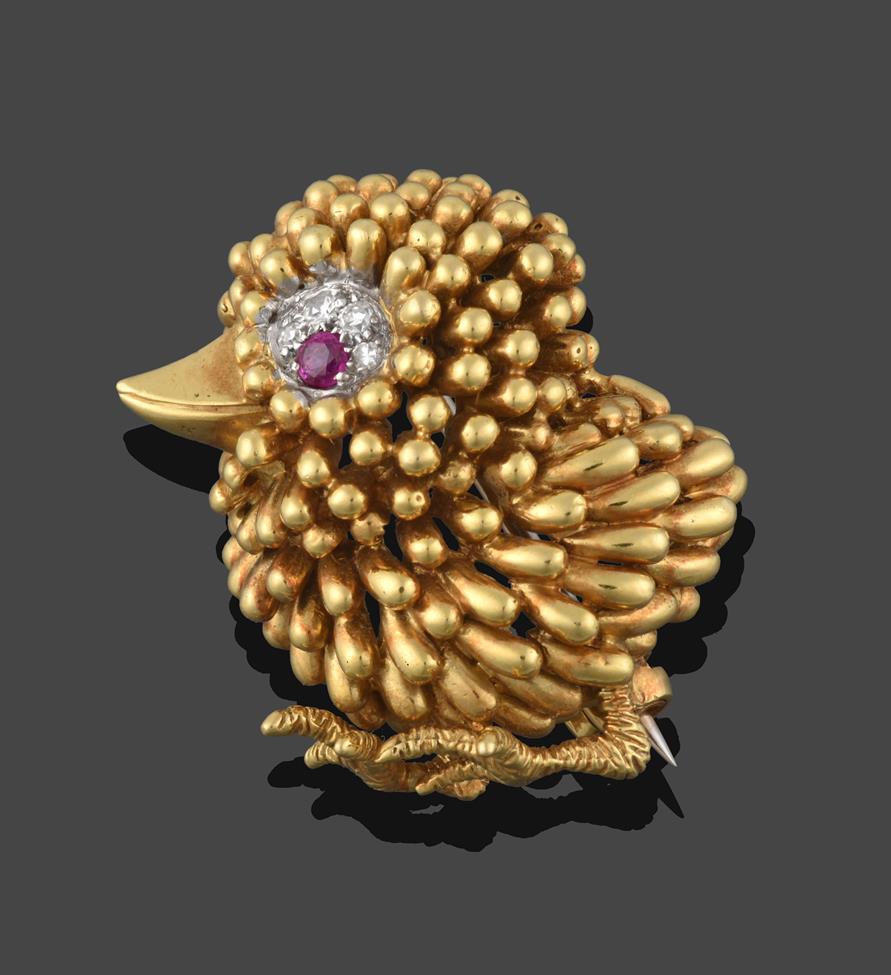 Lot 217 - A Ruby and Diamond Brooch, by Kutchinsky, stylised in the form of a chick, the eye formed of a...