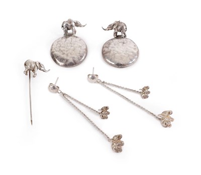 Lot 227 - A Pair of Elephant Drop Earrings, by Patrick Mavros formed of a white planished disc surmounted...