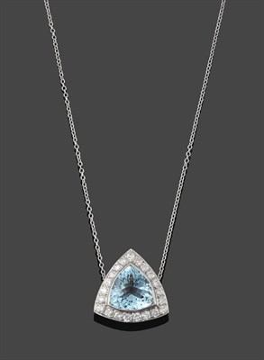 Lot 230 - An Aquamarine and Diamond Cluster Pendant on Chain, the trilliant cut aquamarine in a white...