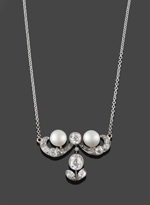 Lot 232 - A Diamond and Pearl Necklace, circa 1900, an old cut diamond flanked by two button pearls...