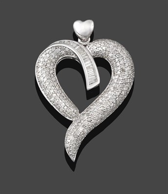 Lot 233 - A Diamond Heart Pendant, of stylised design pavé set throughout with eight-cut and baguette...