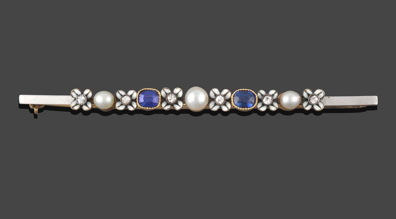 Lot 236 - A Sapphire, Diamond, Cultured Pearl and Enamel Brooch, three cultured pearls alternate with two...