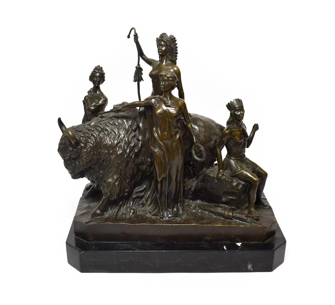 Lot 246 - Masier: A Bronze Group of Bison, surrounded by four figures representing America, on a black marble