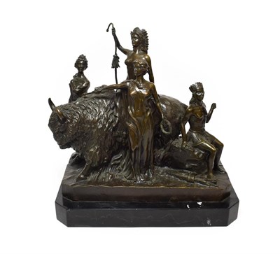 Lot 246 - Masier: A Bronze Group of Bison, surrounded by four figures representing America, on a black marble