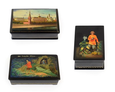 Lot 265 - Russian School (mid 20th century): A Black Lacquered Papier Mache Box, probably Fedoskino, the...