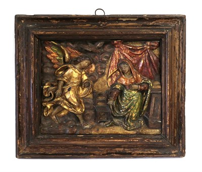 Lot 279 - A Continental Gilt and Painted Wood and Gesso Carved Relief Panel of the Annunciation, probably...
