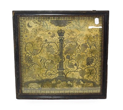 Lot 282 - A Needlework Panel, late 17th century, worked in coloured and metal thread with a crown on a...