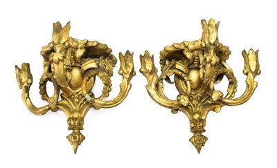 Lot 283 - A Pair of Giltwood and Gesso Three-Light Wall Brackets, 19th century, with gadrooned oval...