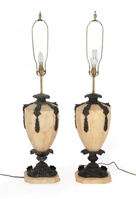 Lot 284 - A Pair of Bronze Mounted Marble Lamp Bases, 20th century, of leaf sheathed octagonal baluster form
