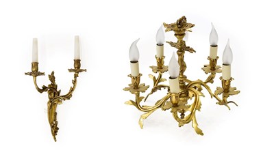 Lot 285 - A Gilt Bronze Five-Branch Chandelier, in 18th century style, with leaf cast scroll branches,...