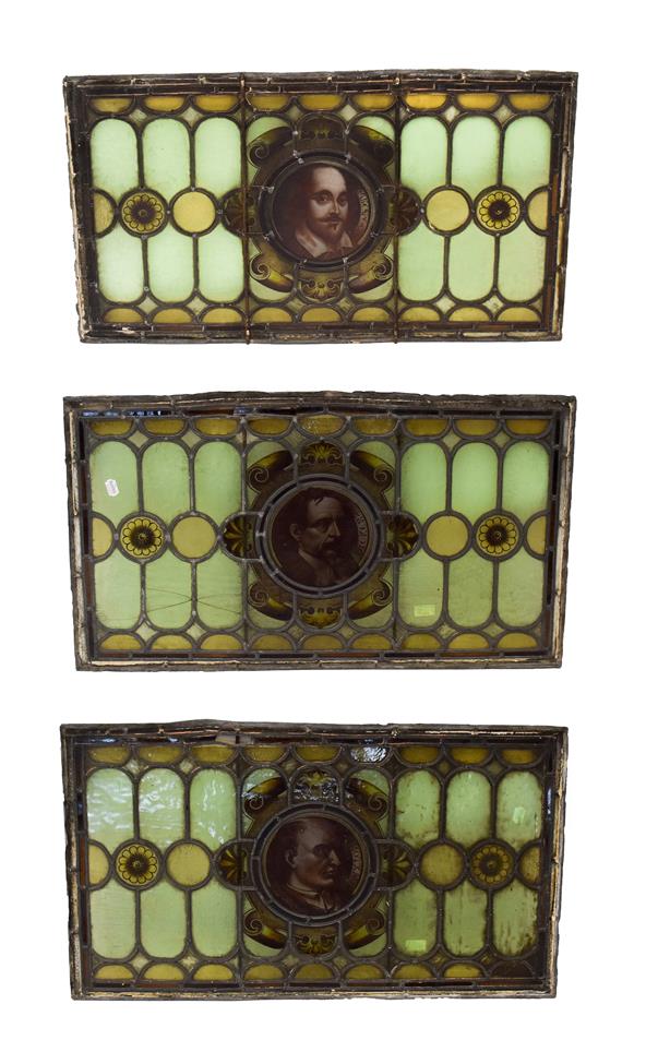 Lot 288 - A Set of Three Stained and Leaded Glass Panels, late 19th/early 20th century, of rectangular...