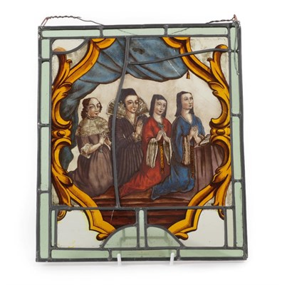 Lot 291 - A Stained Glass Panel, in 17th century Dutch style, depicting four ladies at prayer within a...