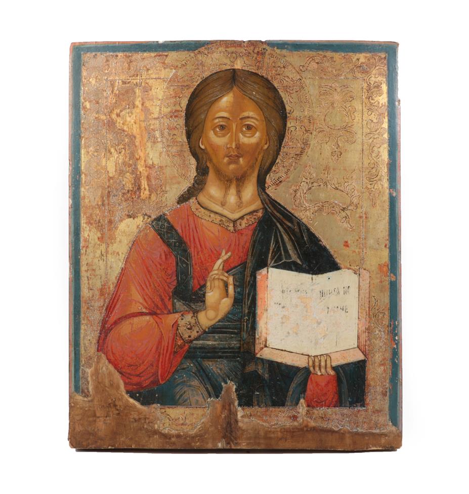 Lot 293 - Serbian School (mid 18th century): An Icon of Christ Pantocrator, with right hand raised, a book in
