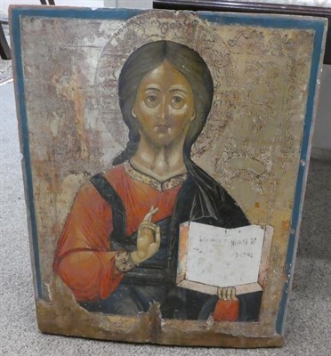 Lot 293 - Serbian School (mid 18th century): An Icon of Christ Pantocrator, with right hand raised, a book in